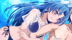 Rule 34 | 1boy, 1girl, bikini, blue bikini, blue eyes, blue hair, blush, earrings, hair ribbon, highres, holding another&#039;s arm, jack (mary skelter), jewelry, mary skelter, nanameda kei, pout, ribbon, see-through, side-tie bikini bottom, source request, swimsuit, topless male