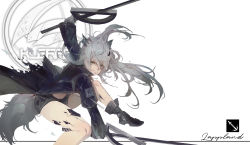 Rule 34 | 1girl, animal ears, arknights, arm up, black footwear, black jacket, black shorts, boots, character name, commentary, dual wielding, fighting stance, floating hair, grey hair, holding, holding sword, holding weapon, jacket, knee up, kuroduki (pieat), lappland (arknights), material growth, messy hair, open clothes, open jacket, oripathy lesion (arknights), shorts, simple background, solo, sword, tail, weapon, white background, wolf ears, wolf tail