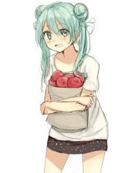 Rule 34 | 1girl, :d, apple, aqua eyes, aqua hair, bag, casual, cowboy shot, crossed arms, double bun, food, fruit, hair between eyes, hatsune miku, holding, leaning forward, long hair, open mouth, paper bag, saito (pigrank), shirt, shopping bag, simple background, smile, solo, t-shirt, twintails, vocaloid, white background