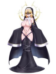 Rule 34 | 1girl, belt, blindfold, blonde hair, breasts, chain paradox, cocytus (wind master), detached sleeves, full body, habit, halo, large breasts, long hair, navel, no panties, nun, revealing clothes, sleeves past wrists, solo, standing, white background