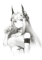 Rule 34 | 1girl, arknights, bare shoulders, bottle, breasts, closed mouth, collar, commentary request, crop top, greyscale, highres, holding, holding bottle, horns, infection monitor (arknights), korean commentary, long hair, looking at viewer, material growth, medium breasts, monochrome, mudrock (arknights), oripathy lesion (arknights), pointy ears, runamonet, simple background, solo, sports bra, upper body, white background