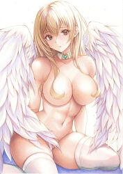 Rule 34 | 1girl, absurdres, angel, angel wings, blonde hair, breasts, cleavage, convenient censoring, feathered wings, highres, long hair, looking at viewer, medium breasts, nude, open mouth, original, simple background, solo, thighhighs, traditional media, white wings, wings, yosaku vs hina