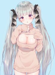 Rule 34 | 1girl, azur lane, blue background, blush, breasts, cleavage, cleavage cutout, clothing cutout, earrings, formidable (azur lane), grey hair, hair ribbon, hands up, head tilt, jewelry, k mugura, large breasts, long hair, long sleeves, looking at viewer, meme attire, open-chest sweater, open mouth, red eyes, ribbon, simple background, sleeves past wrists, solo, standing, sweater, turtleneck, twintails, two-tone ribbon, very long hair