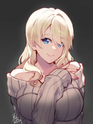 Rule 34 | 1girl, alternate hairstyle, blonde hair, blue eyes, breasts, darjeeling (girls und panzer), girls und panzer, hair down, highres, kimi tsuru, large breasts, looking at viewer, nail polish, off-shoulder sweater, off shoulder, red nails, signature, solo, sweater, upper body