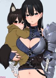 Rule 34 | 1boy, 1girl, age difference, animal ear fluff, animal ears, armor, bandages, between breasts, black hair, blue eyes, blush, breasts, cat ears, cleavage, cleavage cutout, cloth, clothing cutout, ear piercing, earrings, gradient background, grey background, hair down, highres, jewelry, large breasts, md5 mismatch, navel, olivia (onna kishi to kemomimi no ko), onna kishi to kemomimi no ko, orange eyes, original, pauldrons, piercing, pouty lips, ring, shoulder armor, stomach, strap between breasts, stud earrings, sword, tagme, turbo engine (rakugaki tabo), weapon