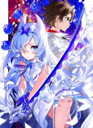 Rule 34 | 1boy, 1girl, apocalypse witch, blue eyes, blue hair, brown hair, closed mouth, dress, garter straps, gloves, hair over one eye, hairband, highres, holding, holding sword, holding weapon, horns, long hair, looking at viewer, mika pikazo, sanpaku, shirt, short sleeves, solo focus, sword, textless version, thighhighs, two-handed, very long hair, weapon, white dress, white gloves, white shirt