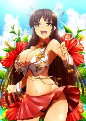 Rule 34 | 10s, 1girl, adapted costume, armpits, backlighting, bell, black eyes, black hair, blue sky, blunt bangs, breasts, choker, cleavage, cloud, cowboy shot, crop top, day, flower, flower request, gluteal fold, hair ribbon, hand up, hibiscus, highres, hime cut, hip bones, hip focus, hiyou (kancolle), kantai collection, large breasts, long hair, looking at viewer, makumaxu, navel, neck bell, ocean, original, panties, red panties, red skirt, ribbon, shiny skin, shirt, skirt, sky, smile, solo, sunlight, thighs, underwear, very long hair, white shirt, wrist cuffs