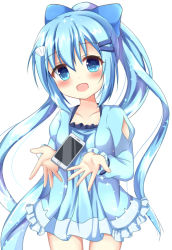 Rule 34 | 1girl, :d, bad id, bad pixiv id, blue bow, blue dress, blue eyes, blue hair, blush, bow, cellphone, collarbone, commentary request, cowboy shot, dress, flower knight girl, hair between eyes, hair bow, hair ornament, hairclip, head tilt, high ponytail, juliet sleeves, kedama (kedama akaza), long hair, long sleeves, nerine (flower knight girl), open mouth, phone, ponytail, puffy sleeves, shell hair ornament, simple background, smile, solo, very long hair, white background