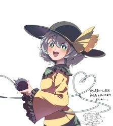 Rule 34 | 1girl, black hat, blouse, breasts, commentary request, frilled shirt collar, frilled sleeves, frills, from side, green eyes, hair between eyes, hat, hat ribbon, heart, heart of string, highres, holding, koishi day, komeiji koishi, long sleeves, looking at viewer, looking to the side, open mouth, ribbon, shirt, short hair, silver hair, small breasts, solo, tami (joemanyodw), teeth, third eye, touhou, upper body, upper teeth only, wide sleeves, yellow ribbon, yellow shirt