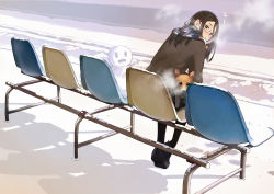 Rule 34 | 1girl, bench, blush, breath, brown eyes, brown hair, brown jacket, cold, dog, enpera, from behind, glasses, grey footwear, grey skirt, jacket, leaning forward, long hair, long sleeves, looking at viewer, looking back, morifumi, original, pantyhose, parted lips, pleated skirt, scarf, shoes, sitting, skirt, snow, snowman, solo, welsh corgi, wide shot, winter