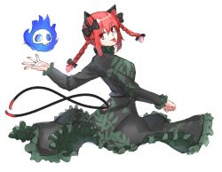Rule 34 | 1641 (chfhrtor94), 1girl, :p, animal ears, black bow, black dress, bow, braid, cat ears, cat tail, closed mouth, cropped legs, dress, extra ears, from side, hair bow, hitodama, kaenbyou rin, long sleeves, looking at viewer, medium hair, multiple tails, nekomata, red eyes, red hair, side braids, simple background, smile, solo, tail, tongue, tongue out, touhou, twin braids, two tails, white background