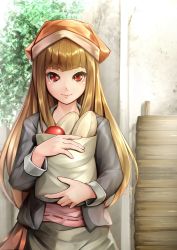 Rule 34 | 1girl, apple, bag, bread, brown hair, day, food, fruit, hat, holo, jacket, kirishima itsuki, long hair, looking at viewer, orange hat, outdoors, red eyes, shopping bag, skirt, smile, solo, spice and wolf, standing, very long hair