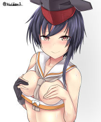 Rule 34 | 1girl, absurdres, areola slip, asymmetrical hair, black gloves, black hair, blush, breastless clothes, breasts, brown eyes, covering privates, covering breasts, gloves, heart, heart-shaped pupils, highres, i-13 (kancolle), kantai collection, kiritto, looking at viewer, medium breasts, partially fingerless gloves, sailor collar, short hair, single glove, smile, solo, symbol-shaped pupils, twitter username, white sailor collar
