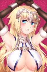 Rule 34 | 1girl, armor, armpits, arms behind head, arms up, blonde hair, blue eyes, blush, breasts, burbur, chained wrists, covered erect nipples, fate/apocrypha, fate/grand order, fate (series), gloves, headpiece, jeanne d&#039;arc (fate), jeanne d&#039;arc (ruler) (fate), large breasts, long hair, looking at viewer, open mouth, restrained, solo, upper body