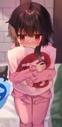 Rule 34 | 1girl, bedroom, blush, brown hair, chomusuke, commentary request, cowboy shot, highres, holding, holding pillow, indoors, kono subarashii sekai ni shukufuku wo!, long sleeves, looking to the side, megumin, hugging object, on bed, pajamas, pillow, pillow hug, pink pajamas, pout, red eyes, short hair with long locks, sitting, solo, straight-on, yes-no pillow, yuno (suke yuno)