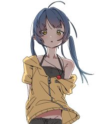 Rule 34 | 1girl, ahoge, akari (raigou), arms behind back, backlighting, blue hair, chestnut, female focus, jacket, jewelry, necklace, open mouth, original, partially unzipped, raigou, simple background, single bare shoulder, solo, twintails, white background, yellow eyes, yellow jacket