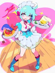 Rule 34 | 1girl, absurdres, aetherion, ahoge, alcohol, alternate costume, aqua eyes, aqua hair, beer, beer mug, blue footwear, blush, blush stickers, boots, breasts, calamari, cleavage, cup, detached collar, dress, enmaided, food, full body, highres, holding, holding tray, maid, meatball, medium breasts, mug, multicolored eyes, nervous, open mouth, original, pasta, pink eyes, puffy short sleeves, puffy sleeves, short dress, short hair, short sleeves, solo, space girl (aetherion), spaghetti, spaghetti and meatballs, tray, wooden floor
