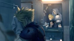 Rule 34 | 2boys, aqua eyes, armor, bathroom, black gloves, black jacket, blonde hair, blue shirt, blurry, blurry foreground, cloud strife, different reflection, electrical outlet, final fantasy, final fantasy vii, final fantasy vii remake, gloves, grey hair, hair between eyes, hand on another&#039;s shoulder, high collar, highres, ho fan, holding, holding towel, indoors, jacket, long bangs, long hair, looking at another, male focus, mirror, multiple boys, parted bangs, parted lips, reflection, sephiroth, shirt, short hair, shoulder armor, sink, sleeveless, sleeveless turtleneck, spiked hair, square enix, suspenders, toothbrush, toothpaste, towel, turtleneck, upper body, washing face