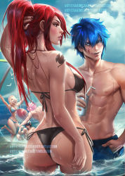 Rule 34 | 2girls, 3boys, abs, animal, arms up, artist name, ass, ball, beach, beachball, bikini, bird, black bikini, blue bikini, blue hair, blue male swimwear, blue sky, blue swim trunks, breasts, drinking straw, erza scarlet, fairy tail, gluteal fold, gray fullbuster, hand in own hair, hand in pocket, hand on own hip, jellal fernandes, lucy heartfilia, male swimwear, midriff, multiple boys, multiple girls, muscular, nail polish, natsu dragneel, navel, nipples, ocean, parted lips, pink hair, ponytail, red hair, sakimichan, sideboob, sitting, sky, swim trunks, swimsuit, tattoo, topless male, wading, water, water drop, watermark