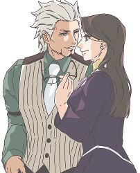 Rule 34 | 1boy, 1girl, ace attorney, brown hair, closed mouth, diego armando, earrings, unworn eyewear, facial hair, formal, green shirt, hand on own hip, hetero, highres, holding, holding removed eyewear, jewelry, lcageki, long hair, long sleeves, looking at another, mia fey, mole, mole under mouth, necktie, phoenix wright: ace attorney - trials and tribulations, scarf, shirt, short hair, simple background, smile, stubble, suit, vest, white background, white hair, white necktie