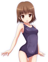 Rule 34 | 1girl, bad id, bare arms, bare shoulders, blush, breasts, brown eyes, brown hair, collarbone, covered navel, cowboy shot, highres, ki (kk-sk-ray), looking at viewer, one-piece swimsuit, open mouth, original, school swimsuit, short hair, simple background, small breasts, smile, solo, swimsuit, white background