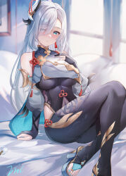 Rule 34 | 1girl, aqua eyes, bare shoulders, black bodysuit, blush, bodysuit, breasts, closed mouth, eric (tianqijiang), eyes visible through hair, genshin impact, hair ornament, hand on own chest, highres, indoors, large breasts, long hair, long sleeves, looking at viewer, shenhe (genshin impact), signature, sitting, solo, thighs, window