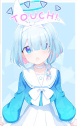 Rule 34 | 1girl, :o, arona (blue archive), basa rutan, blue archive, blue background, blue eyes, blue hair, blue shirt, bow, braid, choker, collarbone, commentary request, english text, hair over one eye, hair ribbon, hairband, halo, highres, long sleeves, looking at viewer, multicolored hair, open mouth, pink hair, pleated skirt, puffy long sleeves, puffy sleeves, ribbon, sailor collar, shirt, single braid, skirt, solo, two-tone hair, white bow, white choker, white hairband, white ribbon, white sailor collar, white skirt