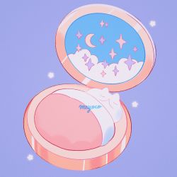 Rule 34 | bed sheet, cloud, crescent, hand mirror, highres, meyoco, mirror, no humans, original, purple background, signature, simple background, sleeping
