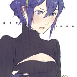 Rule 34 | ..., 1girl, alternate hair length, alternate hairstyle, blue eyes, blue hair, blush, breast conscious, breasts, cleavage cutout, clothing cutout, fingerless gloves, fire emblem, fire emblem awakening, gloves, hairband, lowres, lucina (fire emblem), matching hair/eyes, meme attire, nintendo, open-chest sweater, parted lips, ribbed sweater, short hair, sidelocks, small breasts, solo, sweater, turtleneck, tusia, very short hair
