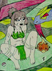 Rule 34 | 1girl, @ @, armpits, artist request, barefoot, blue eyes, bodypaint, brown hair, child, collarbone, creatures (company), defeat, eyelashes, fangs, feet, female focus, fingernails, flat chest, game freak, gen 3 pokemon, grass skirt, high ponytail, highres, leaf bikini, legs, looking at another, may (pokemon), medium hair, midriff, nature, navel, neck, nintendo, no bra, no panties, open mouth, outdoors, plant, poke ball, poke ball (basic), pokemon, pokemon (creature), pokemon adventures, ponytail, seviper, sharp fingernails, sharp toenails, short ponytail, side bangs, sidelocks, sitting, size difference, spread legs, surprised, thighs, tiptoes, toenails, toes, torchic, traditional media