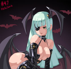 Rule 34 | 1girl, 2012, alternate costume, ass, bare shoulders, bat (animal), bat wings, belt, black thighhighs, blush, boots, breasts, capcom, cleavage, corset, dated, demon girl, dominatrix, elbow gloves, eyepatch, eyeshadow, gloves, green eyes, green hair, head wings, junkpuyo, large breasts, leather, leather boots, leather gloves, lips, lipstick, long hair, looking back, makeup, matching hair/eyes, morrigan aensland, open mouth, revealing clothes, smile, solo, thigh boots, thighhighs, vampire (game), wings, yellow eyes