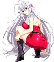 Rule 34 | 10s, 1girl, antenna hair, ass, black footwear, blue eyes, boots, breasts, dress, full body, hair between eyes, hair ribbon, high heel boots, high heels, high school dxd, highres, large breasts, long hair, looking at viewer, looking back, pink ribbon, putting on shoes, red dress, ribbon, rossweisse, shiny clothes, shiny skin, short dress, sideboob, silver hair, sleeveless, sleeveless dress, solo, squatting, strapless, strapless dress, transparent background, very long hair