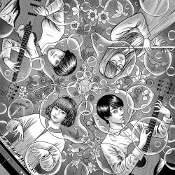 Rule 34 | 2boys, 2girls, acoustic guitar, album cover, band, bass guitar, bird, black hair, closed mouth, cover, flower, flute, glasses, greyscale, guitar, highres, instrument, itou junji, jyocho (band), keyboard (instrument), looking at viewer, monochrome, multiple boys, multiple girls, real life, second-party source