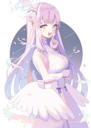 Rule 34 | 1girl, :d, absurdres, angel wings, arm under breasts, blue archive, blunt bangs, blush, breasts, commentary request, dress, eyelashes, feathered wings, flower, hair bun, hair flower, hair ornament, hair scrunchie, halo, highres, index finger raised, large breasts, long hair, looking at viewer, mika (blue archive), nekomiya iyo, one side up, open mouth, partial commentary, pink hair, scrunchie, sidelocks, single side bun, sleeveless, sleeveless turtleneck dress, smile, solo, teeth, upper teeth only, white dress, white wings, wings, wrist scrunchie, yellow eyes
