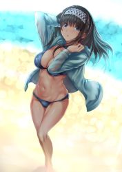 Rule 34 | 10s, 1girl, barefoot, beach, bikini, black hair, blue bikini, blue eyes, blush, breasts, cleavage, commentary request, from above, hairband, highres, idolmaster, idolmaster cinderella girls, jacket, large breasts, long hair, long sleeves, looking up, murasame nohito, navel, ocean, open clothes, open jacket, open mouth, outdoors, sagisawa fumika, sand, solo, swimsuit