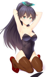 Rule 34 | 1girl, :3, absurdres, antenna hair, aqua eyes, armpits, arms behind head, arms up, bare arms, bare shoulders, black hair, black leotard, bow, brown thighhighs, closed mouth, collarbone, fang, female focus, full body, ganaha hibiki, hair bow, highres, idolmaster, idolmaster (classic), kneeling, legs, leotard, long hair, looking at viewer, neck, playboy bunny, ponytail, red footwear, shoes, simple background, solo, strapless, strapless leotard, taka (takahirokun), thighhighs, very long hair, white background
