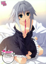 Rule 34 | 1girl, absurdres, barefoot, between thighs, breasts, dress, flat chest, green eyes, hair intakes, highres, mouth hold, no bra, open clothes, open shirt, ribbon, shirt, short hair, silver hair, sitting, solo, sora (stellar theater), stellar theater, suzuhira hiro, thighs, toe scrunch, toes, undressing, v arms, wariza