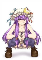 Rule 34 | 1girl, alternate costume, bad id, bad pixiv id, bare shoulders, black thighhighs, breasts, cameltoe, cleavage, cleft of venus, contemporary, crescent, female focus, halterneck, hat, highres, long hair, metior, panties, pantyshot, patchouli knowledge, purple eyes, purple hair, smile, solo, squatting, striped clothes, striped panties, thighhighs, touhou, underwear, white background