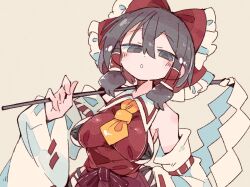 Rule 34 | 1girl, ascot, bare shoulders, black eyes, black hair, blush, bow, breasts, detached sleeves, gohei, hair between eyes, hair bow, hair tubes, hakurei reimu, holding, japanese clothes, massakasama, medium breasts, nontraditional miko, open mouth, red bow, ribbon-trimmed sleeves, ribbon trim, short hair, sidelocks, solo, touhou, upper body, white sleeves, wide sleeves, yellow ascot