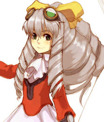 Rule 34 | 1girl, ascot, blush, bow, drill hair, goggles, goggles on head, green eyes, grey hair, long hair, long sleeves, looking at viewer, maria balthasar, simple background, skirt, smile, solo, upper body, white background, white skirt, xenogears, yellow bow, yu 65026