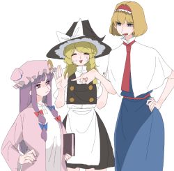 Rule 34 | 3girls, alice margatroid, apron, blonde hair, blue dress, blue eyes, bow, braid, closed mouth, collar, commentary request, crescent, crescent hat ornament, dress, closed eyes, frogsnake, hair bow, hand on own hip, hat, hat bow, hat ornament, height difference, kirisame marisa, long hair, mob cap, multiple girls, nail polish, necktie, open mouth, patchouli knowledge, purple eyes, purple hair, short hair, sweat, tall female, touhou, waist apron, white background, witch hat