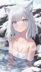 Rule 34 | 1girl, alternate costume, animal ears, bare shoulders, blue archive, blue eyes, blush, breasts, cleavage, collarbone, commentary request, forgetf4, grey hair, hair between eyes, hair ornament, hairclip, halo, highres, in water, looking at viewer, naked towel, onsen, rock, shiroko (blue archive), short hair, sidelocks, smile, solo, steam, sweat, towel, white towel, wolf ears, wolf girl