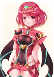 Rule 34 | 1girl, armor, blush, breasts, cocoasabure, covered navel, earrings, fingerless gloves, gem, gloves, hair ornament, headpiece, highres, jewelry, large breasts, looking at viewer, nintendo, pyra (xenoblade), red eyes, red hair, red shorts, short hair, short shorts, shorts, shoulder armor, simple background, smile, solo, swept bangs, thighhighs, tiara, white background, xenoblade chronicles (series), xenoblade chronicles 2