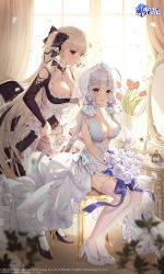 Rule 34 | 2girls, azur lane, backlighting, bare shoulders, black bow, black dress, black footwear, blonde hair, blue dress, blue eyes, blue footwear, blunt bangs, bottle, bouquet, bow, breasts, bridal veil, center opening, chair, cleavage, collarbone, copyright name, curtains, day, detached collar, dress, flower, formidable (azur lane), frilled dress, frills, garter straps, gloves, hair bow, hair ribbon, high heels, highres, holding, holding bouquet, illustrious (azur lane), illustrious (morning star of love and hope) (azur lane), indoors, large breasts, long hair, looking at viewer, maid, mirror, mole, mole under eye, multiple girls, official art, perfume bottle, petals, red eyes, red flower, ribbon, rose, rosuuri, see-through, silver hair, sitting, sleeveless, sleeveless dress, smile, standing, sunlight, thighhighs, tiara, tulip, twintails, two-tone ribbon, veil, very long hair, wedding dress, white dress, white flower, white gloves, white legwear, white rose