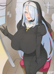 Rule 34 | 1girl, bad id, bad pixiv id, black dress, black hair, blue eyes, boca, breasts, commission, cross, curvy, dress, hair over one eye, hand on own thigh, highres, huge breasts, looking at viewer, nun, open mouth, original, pixiv commission, smile, solo, veil