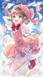 Rule 34 | 1girl, :d, arm behind head, arm up, blue sky, blush, bow, brown hair, cardcaptor sakura, cloud, commentary, day, dress, full body, gloves, green eyes, hat, highres, holding, kinomoto sakura, looking at viewer, masuishi kinoto, open mouth, outdoors, petals, pink dress, pink hat, pleated dress, puffy short sleeves, puffy sleeves, red bow, red footwear, shirt, shoes, short sleeves, sky, sleeveless, sleeveless dress, smile, solo, symbol-only commentary, thighhighs, transparent wings, white bow, white gloves, white shirt, white thighhighs, white wings, wings