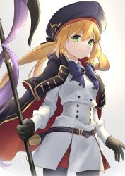 Rule 34 | 1girl, absurdres, artoria caster (fate), artoria caster (second ascension) (fate), artoria pendragon (fate), belt, belt buckle, blonde hair, blush, breasts, buckle, commentary request, cowboy shot, fate/grand order, fate (series), gloves, green eyes, hair between eyes, hat, highres, holding, holding staff, long hair, long sleeves, looking at viewer, pantyhose, simple background, small breasts, smile, solo, staff, standing, tsurupy, white background