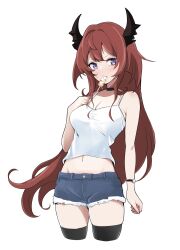 Rule 34 | 1girl, alternate costume, arknights, bare shoulders, black choker, black thighhighs, blue shorts, blush, bracelet, breasts, camisole, choker, cleavage, collarbone, cropped legs, cutoffs, food, food in mouth, hand on own chest, heka=ton, highres, horns, jewelry, long hair, looking at viewer, medium breasts, navel, popsicle, purple eyes, red hair, shorts, simple background, solo, surtr (arknights), thighhighs, v-shaped eyebrows, very long hair, white background, white camisole