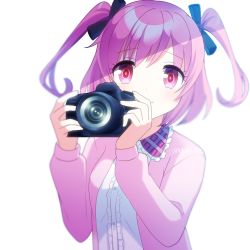 Rule 34 | 1girl, black bow, blurry, blush, bow, buttons, camera, cardigan, center frills, collar, collared shirt, dot nose, frilled collar, frilled shirt, frills, hair bow, holding, holding camera, long sleeves, looking at viewer, magia record: mahou shoujo madoka magica gaiden, mahou shoujo madoka magica, makino ikumi, momo tomato, pink cardigan, pink eyes, pink hair, shirt, short hair, signature, simple background, smile, solo, swept bangs, two side up, upper body, white background, white shirt