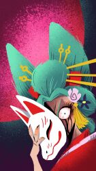 Rule 34 | 1girl, commentary, crying, crying with eyes open, english commentary, flower, fox mask, green hair, hair flower, hair ornament, hair stick, highres, holding, holding mask, japanese clothes, kimono, kouzuki hiyori, looking at viewer, mask, nihongami, no lineart, oiran, one eye covered, one piece, pink flower, revujo, solo, tears, unworn mask, v-shaped eyebrows